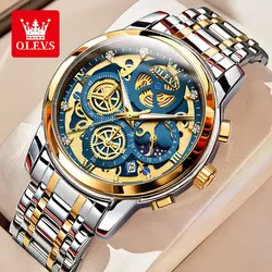 OLEVS Quartz Men for Watch Waterproof Luminous Luxurious Skeleton Stainless steel Gold Watch Date Month Phase Quartz Men's Watch