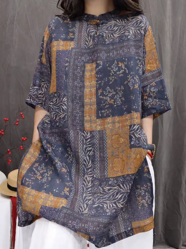 

Chinese Sle Vintage Printed Linen Dr Women's Lightweight Breathable Summer irt Loose Fit Commute Ethnic Faion