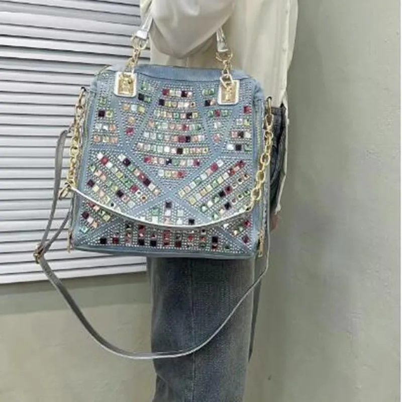 Bucket bag Denim jean casual women handbags designer shoulder bags rhinestone decorative womens messenger bag totes