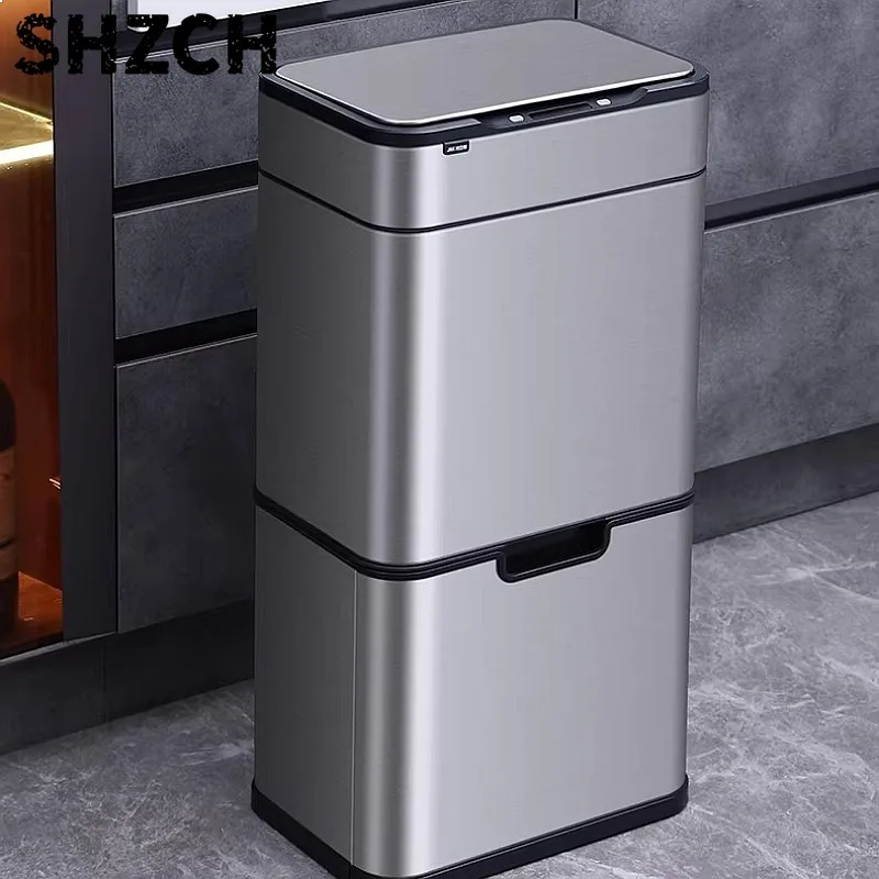 Smart Sensor Kitchen Trash Can Stainless Steel Dual Bin with Wheels Dry Wet Waste Separation Large Capacity