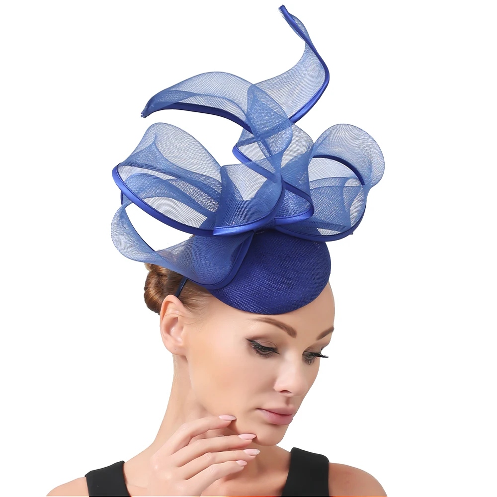 New Ladies Royal Blue Bridal Derby Pillbox Hats With Bowknot Flower Imitation Sinamay Hat Women Wedding Hair Accessories SYF774