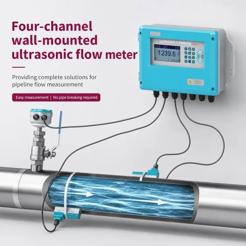 High Precision Multi Channel Clamp on Ultrasonic Flow Meter Custody Transfer Wall Mounted BTU IP68 Industrial