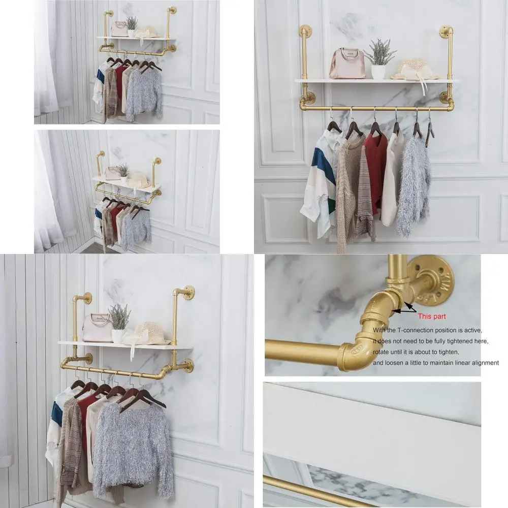 

Gold and White Industrial Style Detachable Wall-Mounted Wooden Garment Bar, Heavy Duty Clothing Rack for Multi-Purpose Hanging a