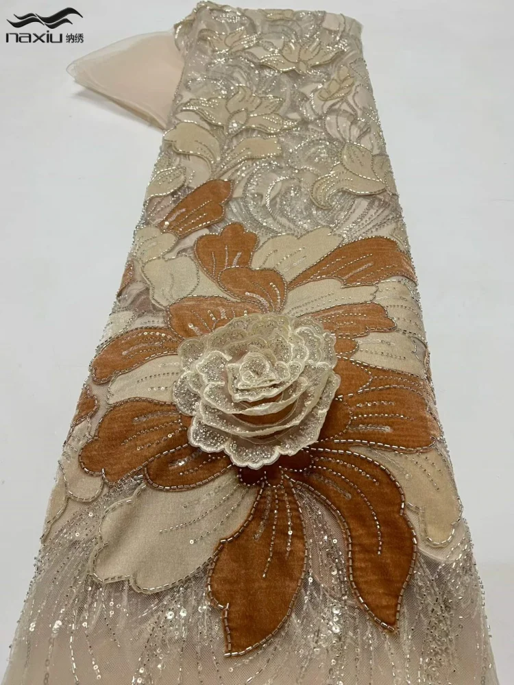 

Madison 2026 Nigerian Velvet Laser Embroidery Lace Fabric Fashion African Beaded Sequins Lace Fabric For Wedding Evening Dress