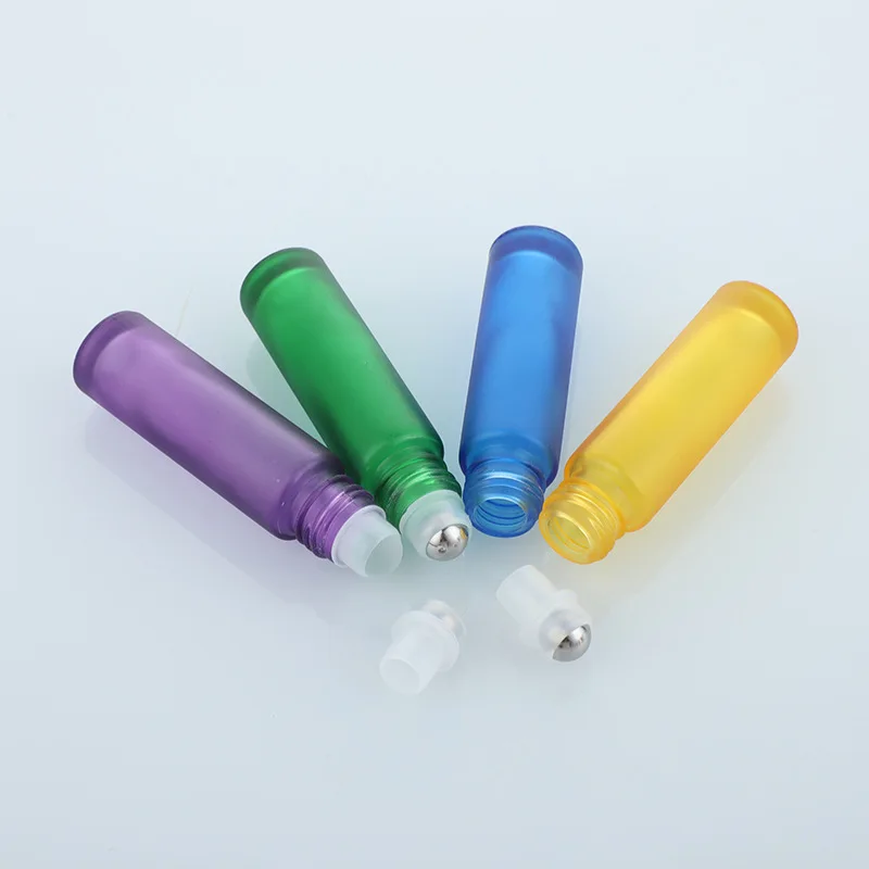 5Pcs 5ml/10ml Frosted Color Refillable Glass Essential Oil Roller Bottles With Metal Roller Ball Opener For Fragrance Perfume