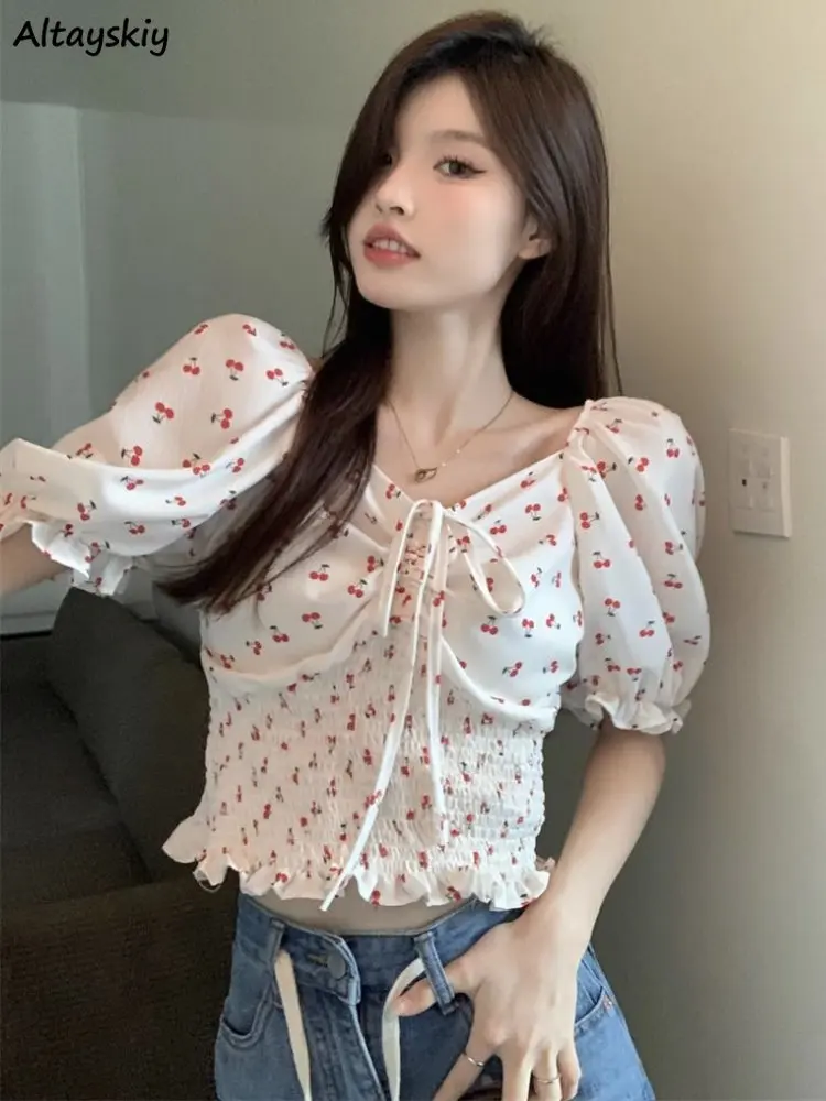 Floral Puff Sleeve Blouses Women Lace-up Hotsweet Slim Fashion Summer Crop Tops Vintage Casual All-match Korean Style Aesthetic