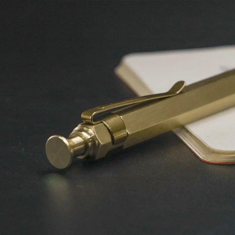 1PCS Luxury brass pen, hexagonal design, twist, retractable ball pen, office, school, stationery, gift box B