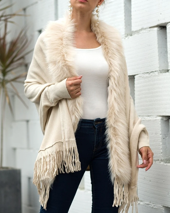 Elegant Fluffy Trim Collar Wraps Oversized Knitted Tassel Design Cape Cardigan 2025 Autumn Winter Spring New Fashion Casual