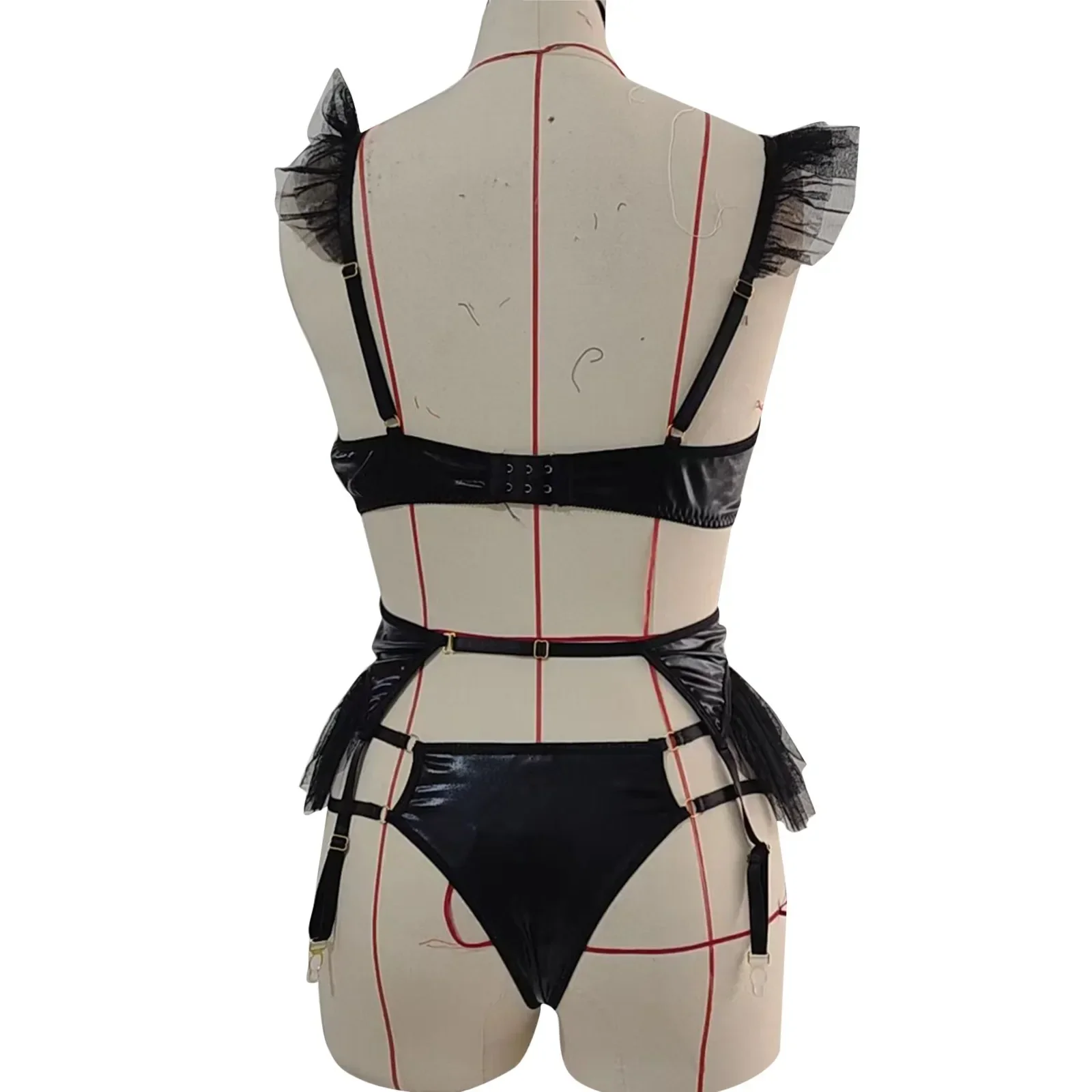 Porn PU Patent Leather Sexy Lingerie Set Women Cute Mesh Poncho Edge Three-piece Set Sex Passion Erotic Sets