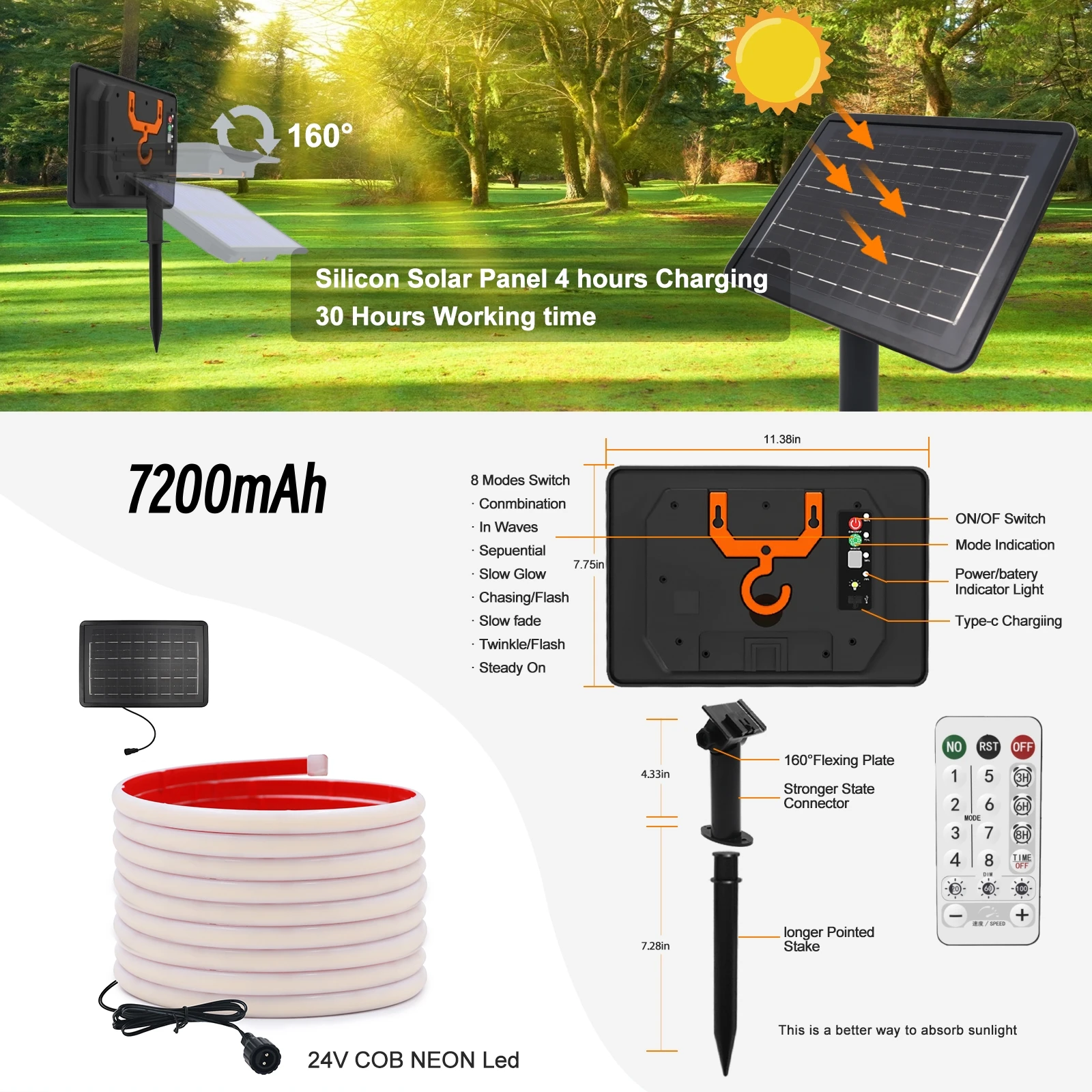 COB Solar Strip LED Neon Light 24V 320LEDs/M Dimmable Outdoor IP68 Waterproof Flexible Adhesive Tape Diode RA90 Linear Lighting