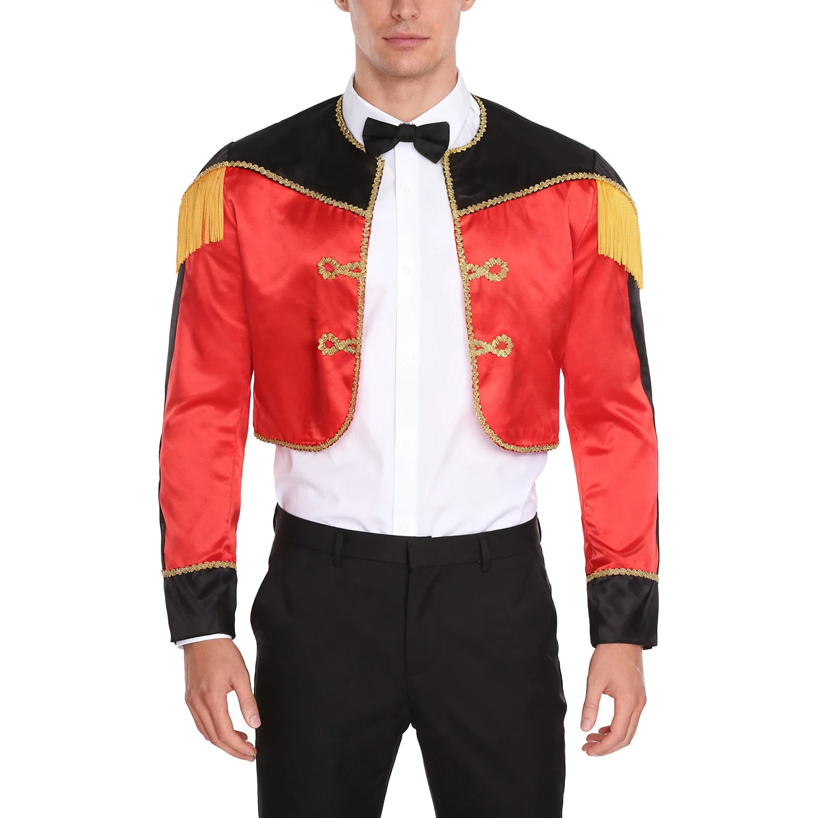 الرجال ماتادور تأثيري ازياء عيد الميلاد السيرك أداء الملابس معطف طويل الأكمام مفتوحة الجبهة الذهب جديلة تقليم شرابات سترة