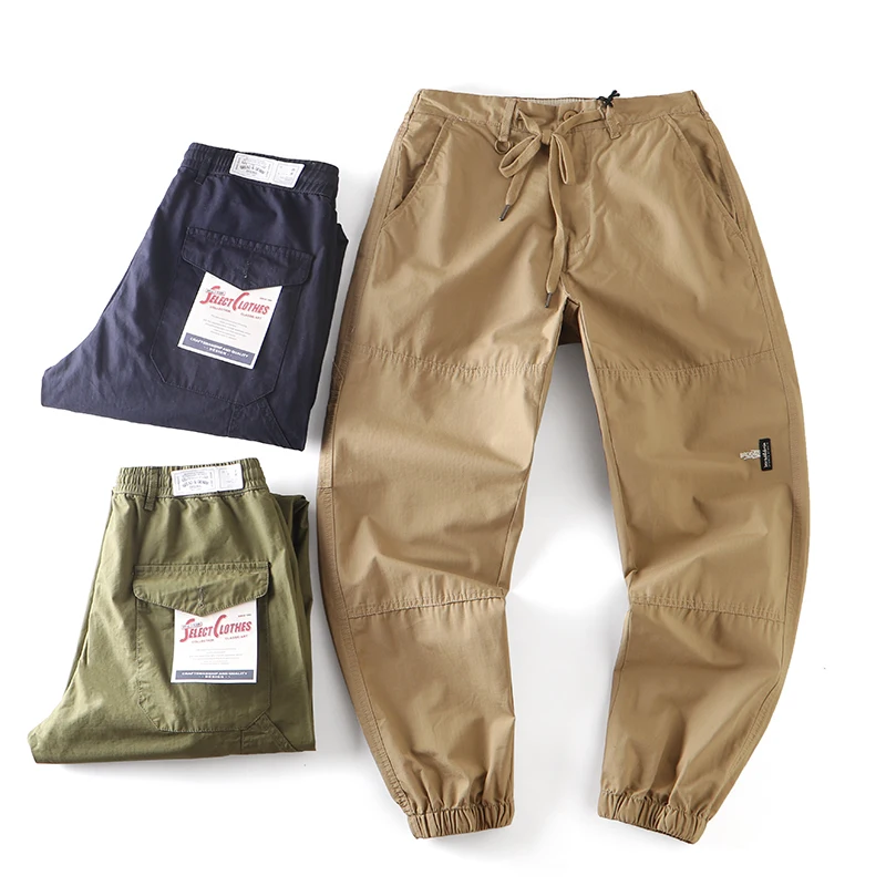 

Casual Cotton Twill Plaid Men's Elastic Waist Dstring Sports Leisure Long Pants Autumn New Sle Straight Leg ket Detail