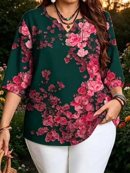 Plus Size Women 3/4 Sleeve V‑Neck Blouse Partial Edge Watercolor Floral Hydrangea Cherry Blossom Sunflower Print Button Tops