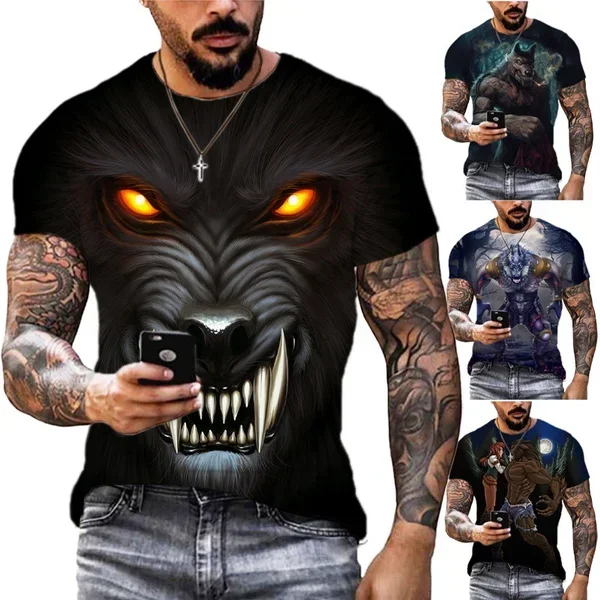 Summer  Werewolf Vampire 3D Printing Men's Short-sleeved T-shirt Animal Wolf Unisex Casual Round Neck T-shirt Men's Clothing