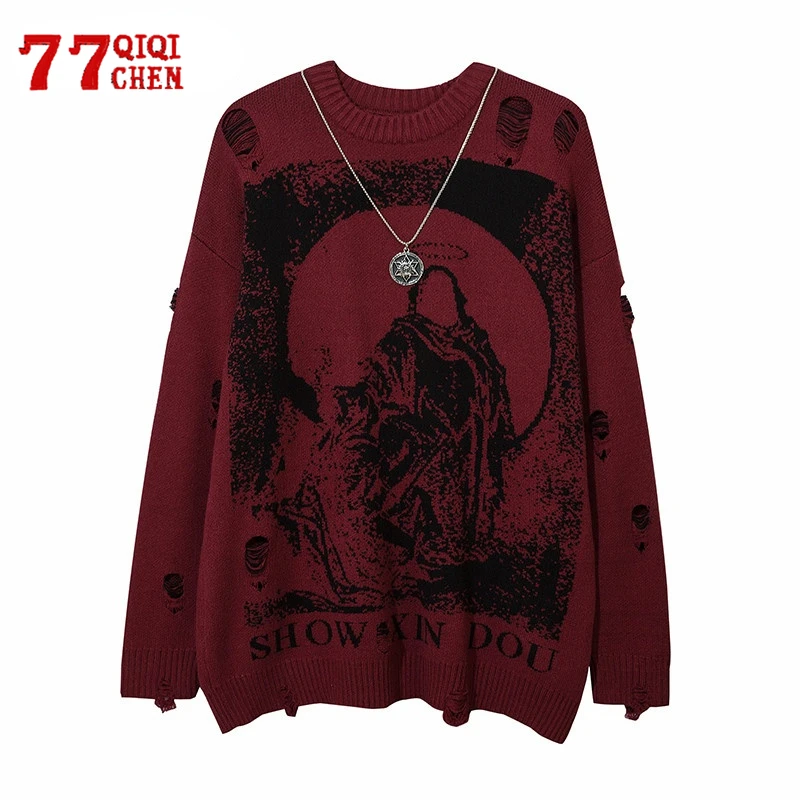 Harajuku Knitted Sweater Men with Chain Street Hip Hop Holy Mother of Death Pattern Hole Ripped Pullovers Jumper Loose Sweaters