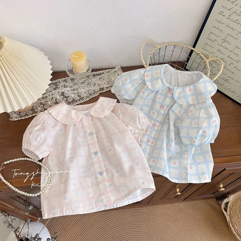 Girls Summer Pink Blue Heart Print Plaid Shirt Short Sleeve Casual Blouse Baby Girl New Fashion Y2K Korean Style