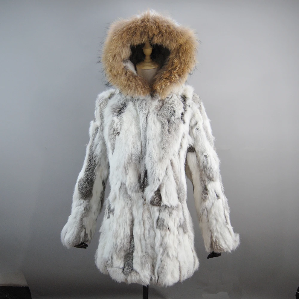 Fashion Winter Women Real Rabbit Fur Hooded Coat Natural Warm Rabbit Fur Coats With Real Raccoon Fur Collar Lady Real Fur Jacket