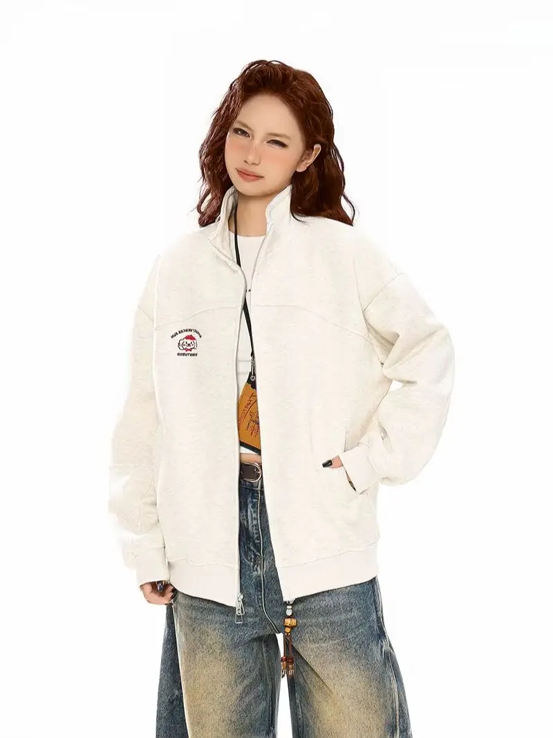 韓国風カーディガンジャケット 秋 オーバーサイズ カレッジカジュアル スタンドカラー 長袖 無地 ルーズスウェットシャツ 多用途ウェア