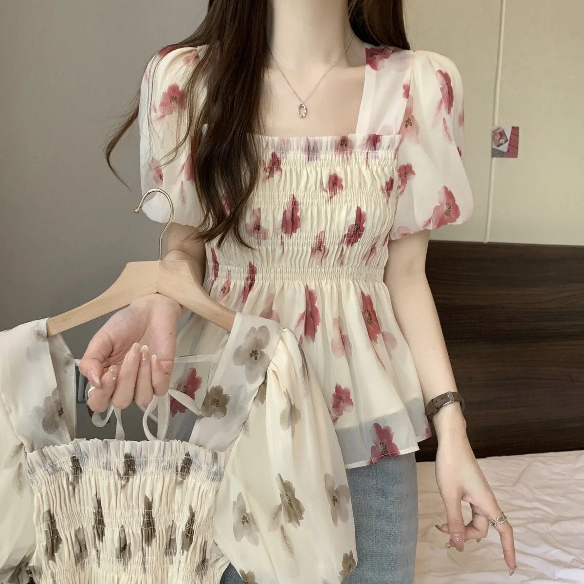 

Short Sleeve Shirts Womens Lace Pintuck Layered Loose Shirt Home Comfort Sweet Feminine Artistic Student Youthful Girlish