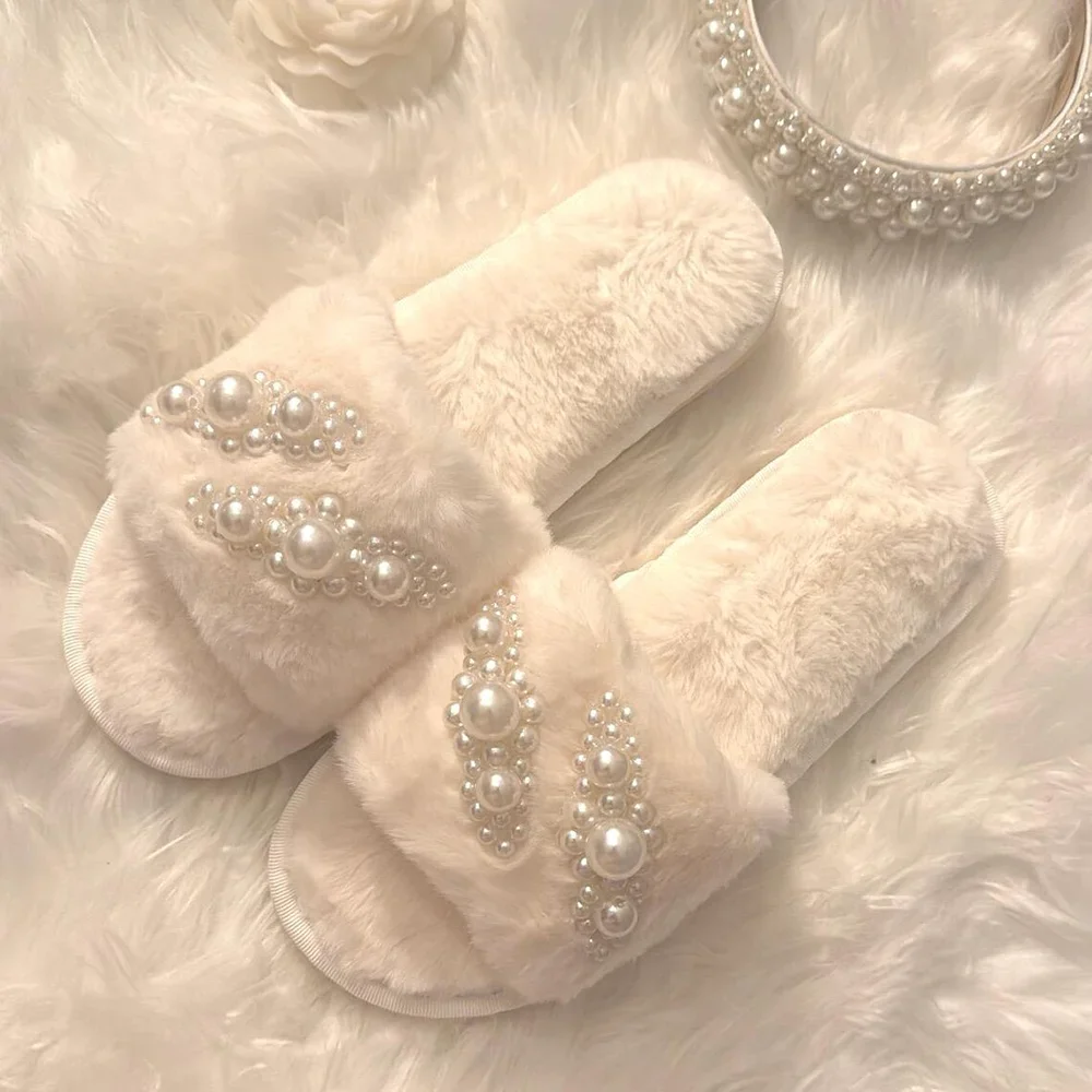 

1pair Fluffy Pearl Embellished Slippers Wedding Bachelorette Party Bridal Shower Decorate Supplies Bride To Be Bridesmaid Gifts