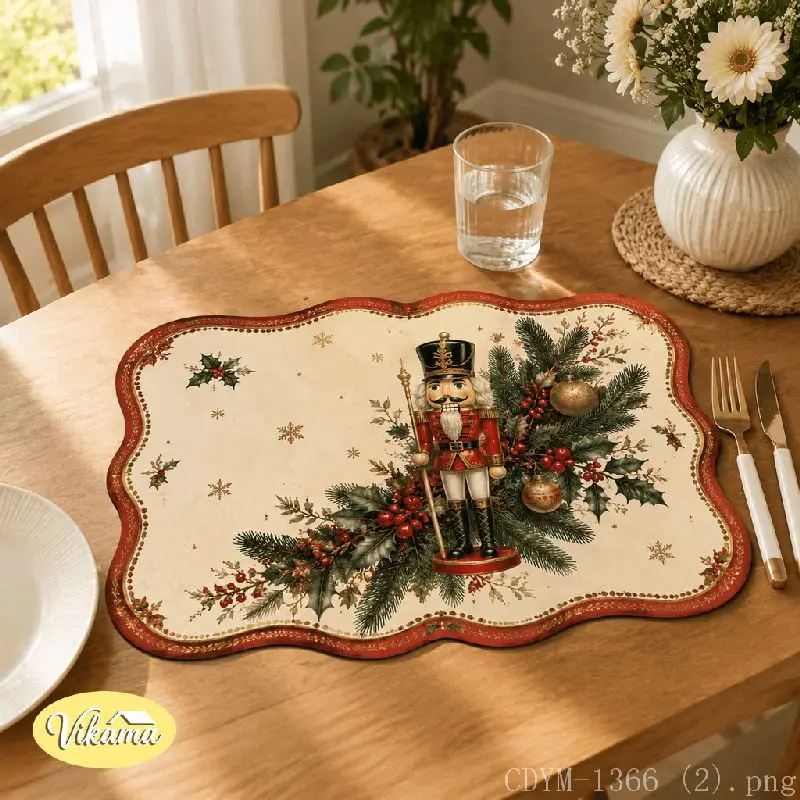 VIKAMA Christmas Penguin Nutcracker Placemat Scallop Edge Table Mat Dining Kitchen Holiday Home Decor Aesthetic Art Large Cute