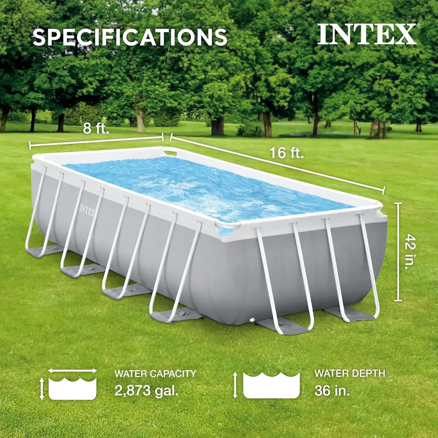 26791EH   Premium Rectangular Above Ground Swimming Pool Set: 16ft x 8ft x 42in – Complete Set Includes 1000