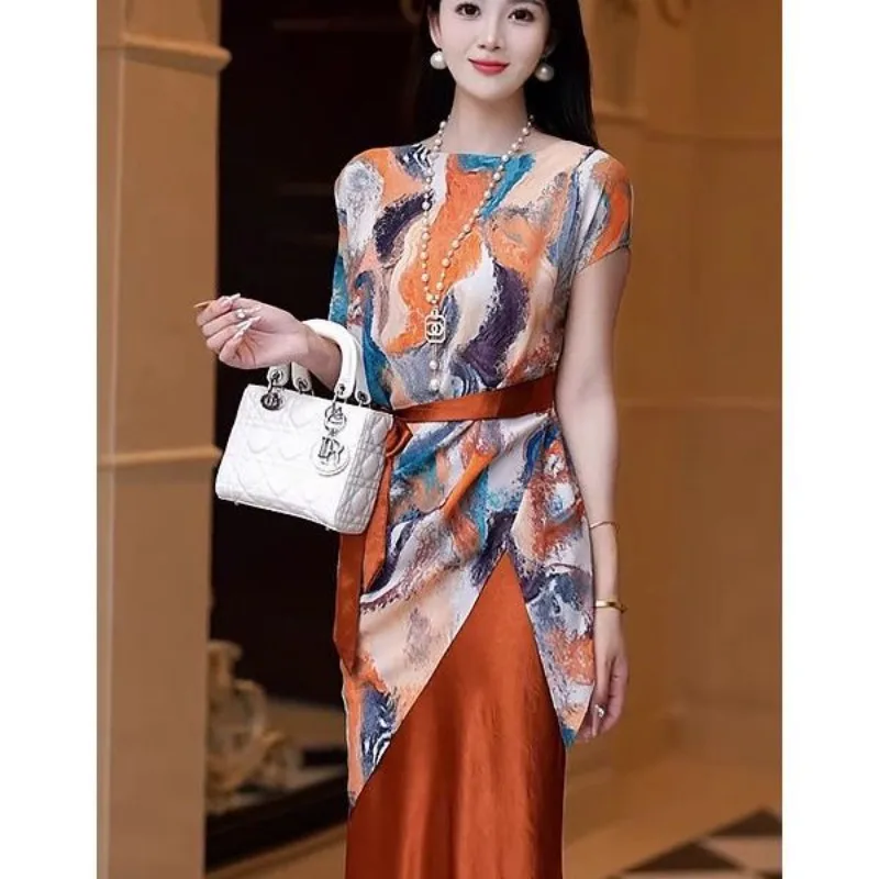 

26 Summer Suit Fashion Temperament Noble Light Luxury Foreign Look Thin Medium and Long A-shaped Skirt Long Skirt Two-piece Set