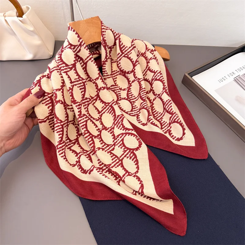 Scarf Women Square Bandana Chain Print Houndstooth Cotton Linen Feel Shawl Headscarf Neck Wrap Sun Protection Ladies Scarves