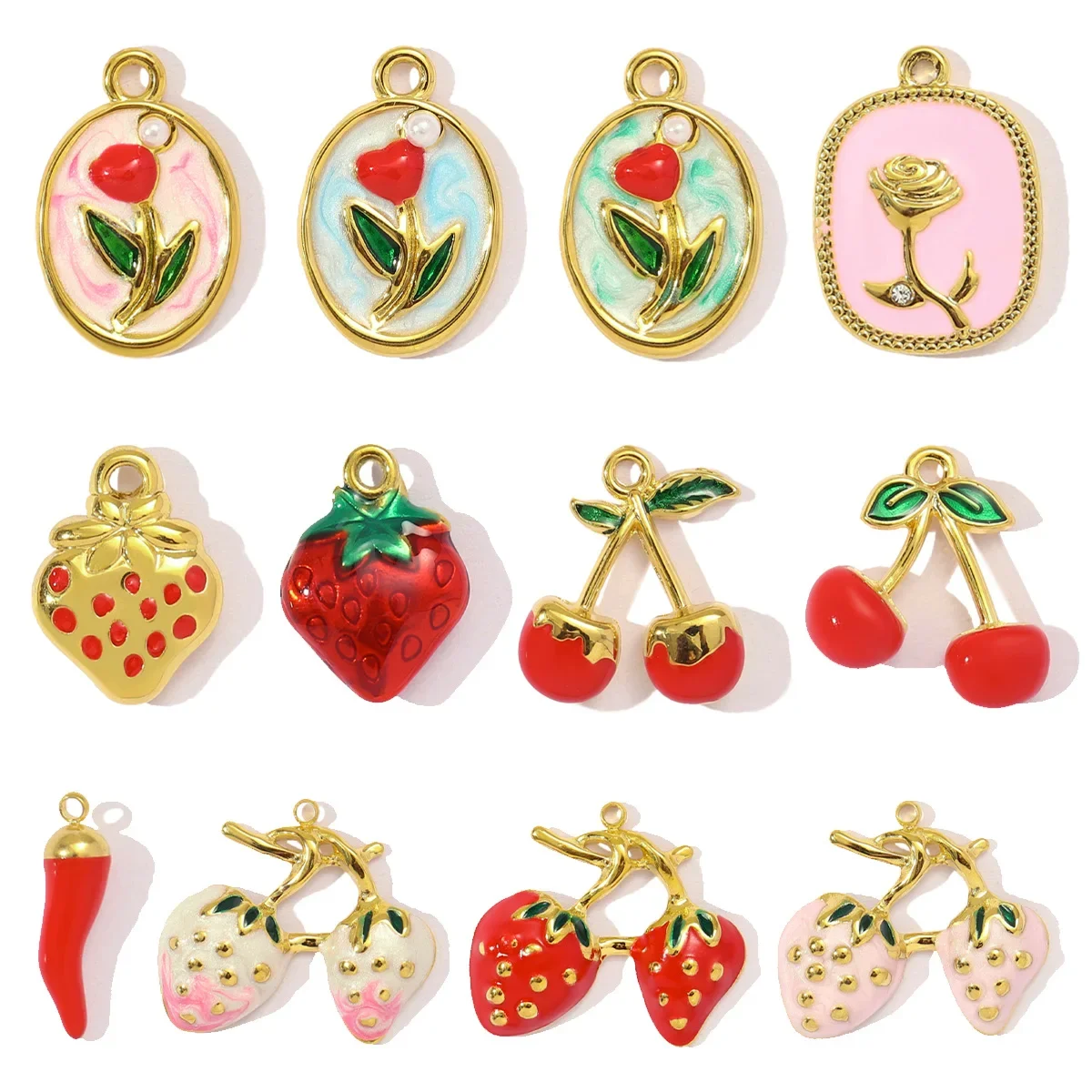 3pcs/Lot Cute Stainless Steel Enamel Cherry Strawberry DIY Necklace Pendant Women Chili Rose Flower Bracelet Charm Fruit Jewelry