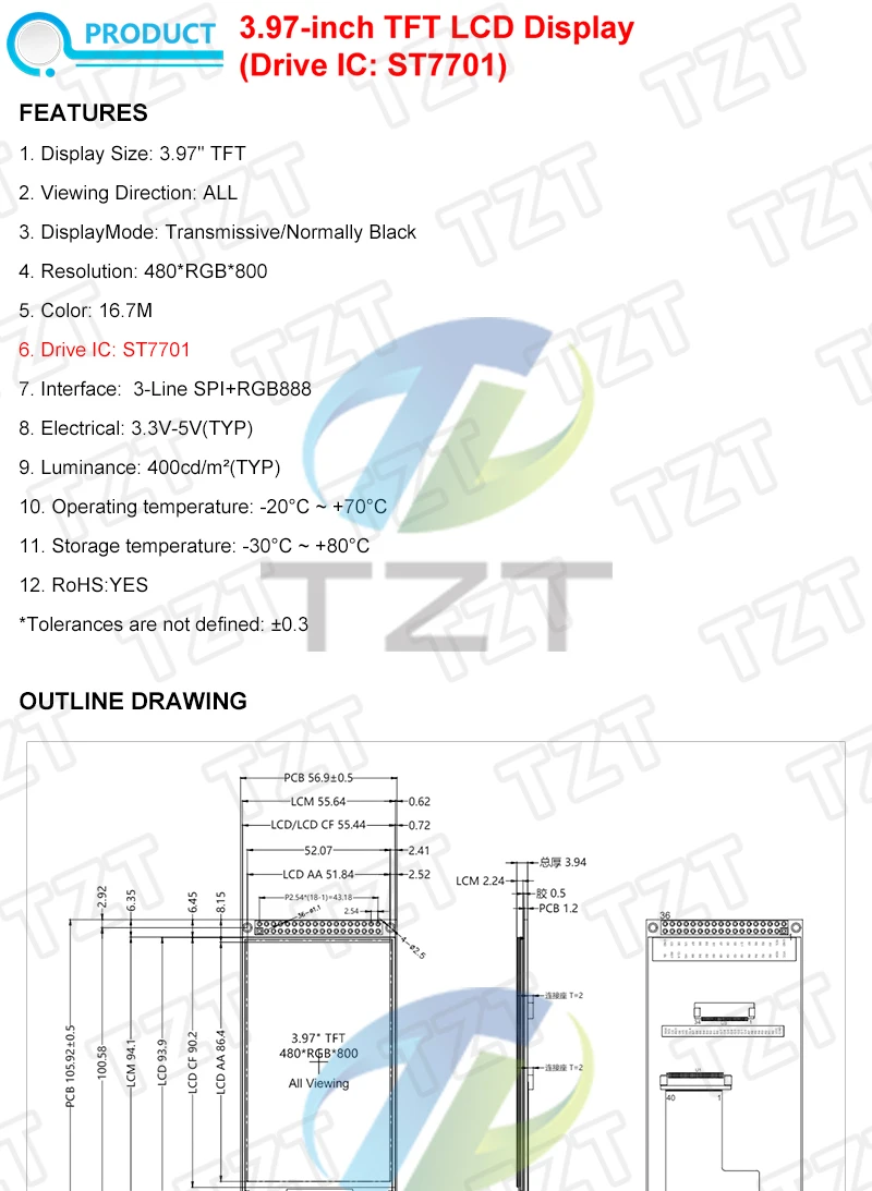 1/3PCS TZT 3,97 Zoll TFT LCD Display Modul ST7701 Treiber 480*800 RGB Schnittstelle Farbbildschirm Für Arduino TZTUNO R3 – Detail 1