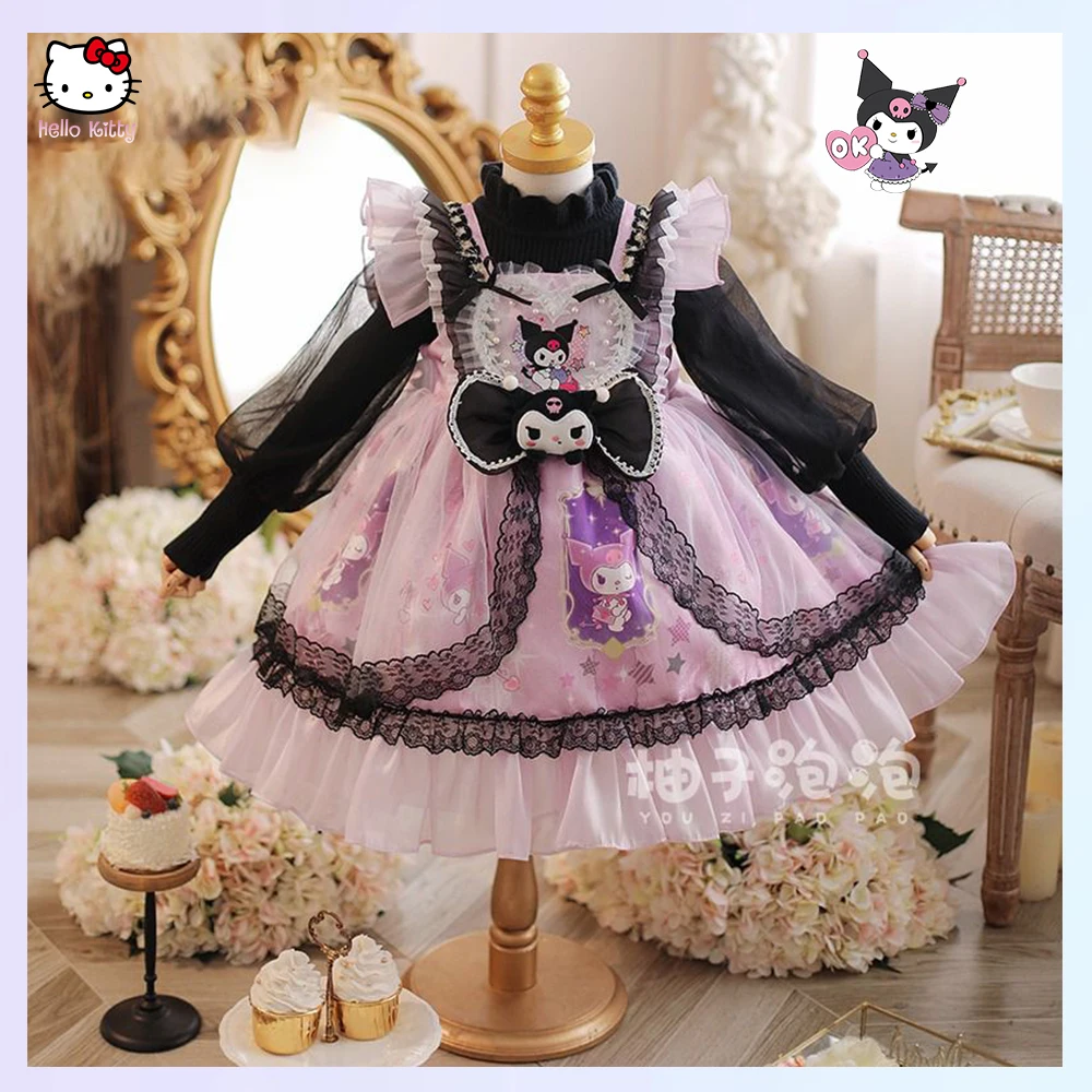 

Sanrios Anime Girls Plush Dress Lolita Melody Kuromi 2024 Spring Autumn Kawaii Birthday Party Kids Tulle Dress Princess Dress