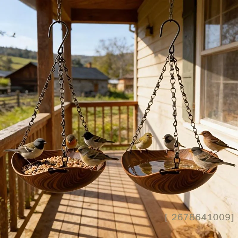 ⚑Wooden Hanging Bird Feeder, With A Vintage Wood Grain Texture, Paired With A Thickened Iron Chain And S-shaped Hook.