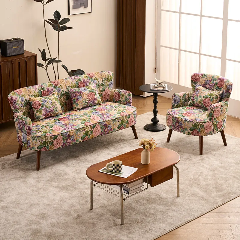 Pastoral retro style small apartment sofa living room balcony bedroom bed and breakfast wind jacquard fabric double small sofa