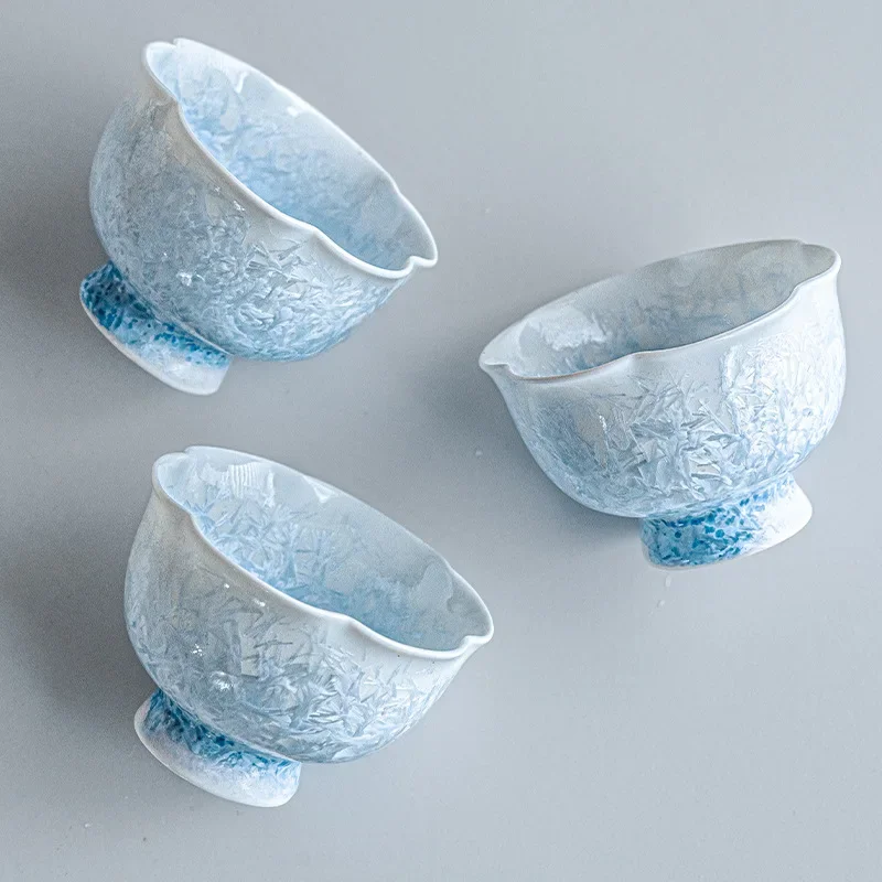 Tasse à thé en cristal transformé au four, glaçure bleu glacier, motif floral, pour dégustation, usage domestique et professionnel, tasse à eau, bol, mug à thé