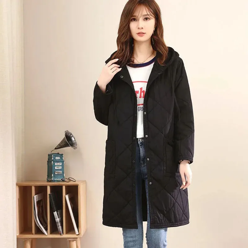 New Autumn Winter Long Cotton Jacket Diamond Lattice Plus Size Women Casual Quilted Cotton Coat Female Hooded Parka Overcoat 4XL