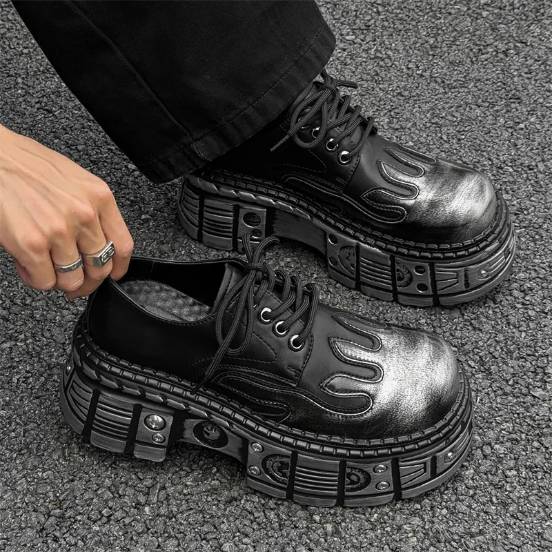 

2025 Unisex Style Round Toe Thick Sole Platform Chunky Heels Men Pumps Lace Up Western Punk Street Casual Derby Shoes Size 38-46