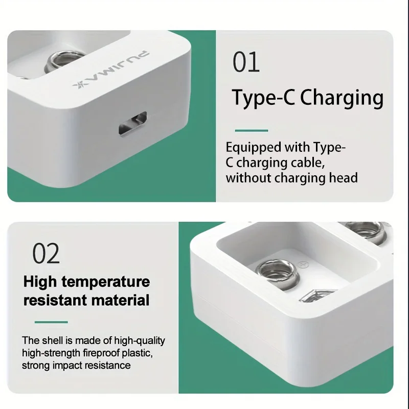 PUJIMAX  2 Slots Smart Fast Battery Charger With LED Indicators USB Cable For 9V Ni-MH/Ni-Cd/Li-ion Rechargeable Batteries