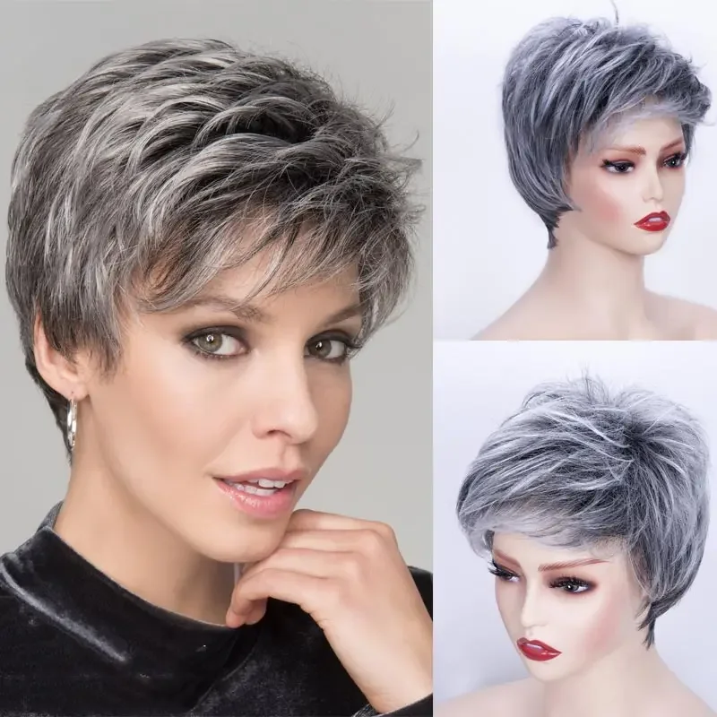 Pixie corte de cabelo curto perucas cinzentas para as mulheres moda cinza ombre perucas sintéticas natural como o cabelo real resistente ao calor