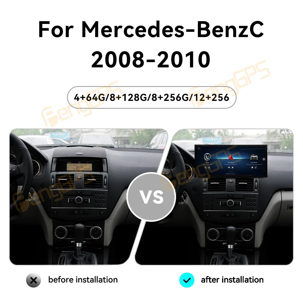 15.8 بوصة أندرويد 14 CarPlay راديو السيارة لمرسيدس بنز C W204 2008-2010 شاشة تعمل باللمس مشغل وسائط متعددة لتحديد المواقع والملاحة DSP BT