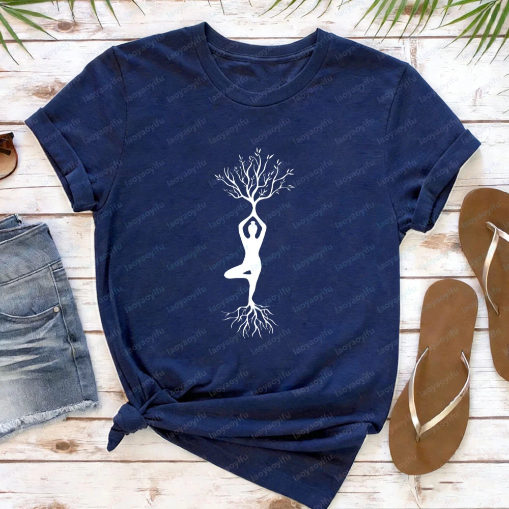Yoga Tree of Life T Shirt Spiritual Meditation Graphic Tee for Men Women Yoga Lover Casual Cotton Short Sleeve Tops Gift Idea