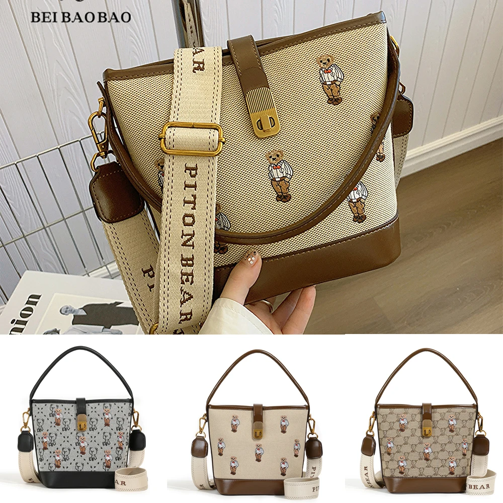 Beibaobao New Water Bucket Bag Single Shoulder Crossbody Bag Cartoon Embroidered Handbag Leisure Fashion Women\'s Bag Zero Wallet