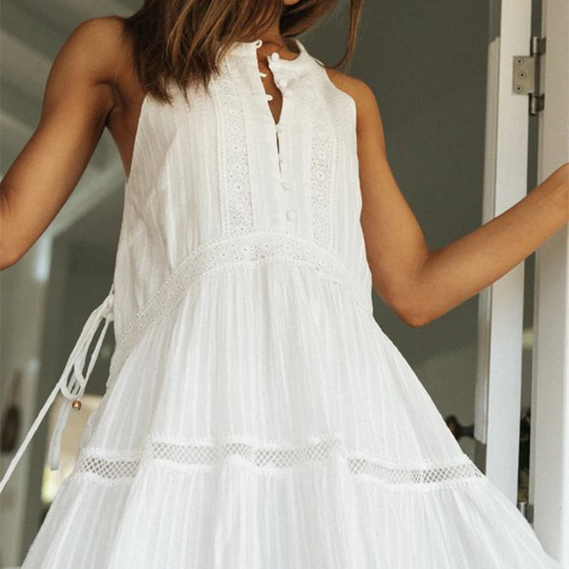 

White Women Summer Mini Dress Sexy Sleeveless Lace A-Line Boho Sundress Party Ruffle Dresses Prom Female Vestidos Платье Женское