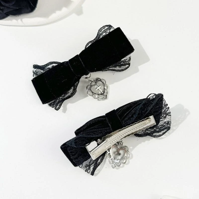 

Tassels Heart Lace Hair Clip Punk Hair Bows 2000s Ponytail Holder Hair Ornament Dark Series Barrette Anime Hair Decoration 15UB