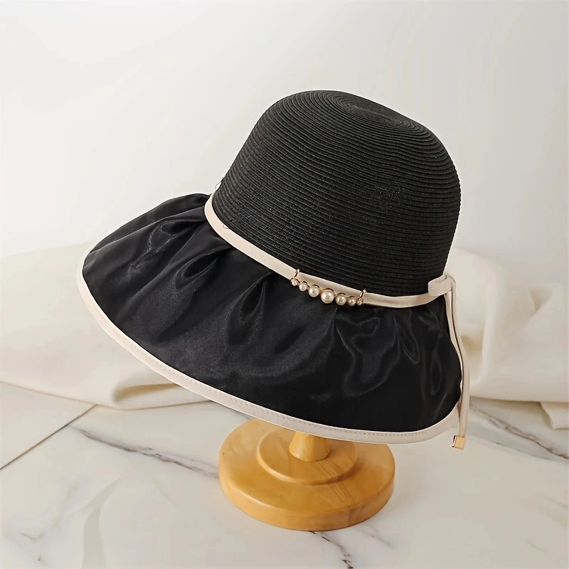 Fabric splicing pearl decorative fashion fisherman hat women's summer elegant all draped large overhang visor hat sun basin hat