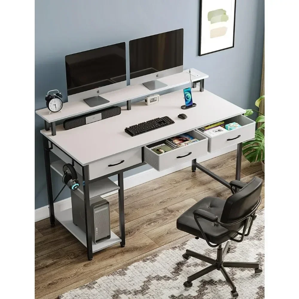 Mesa do Computador com Tomadas Elétricas e Luz LED, 39 ", Mesa Home Office, 3 Gavetas e Prateleiras de Arrumação