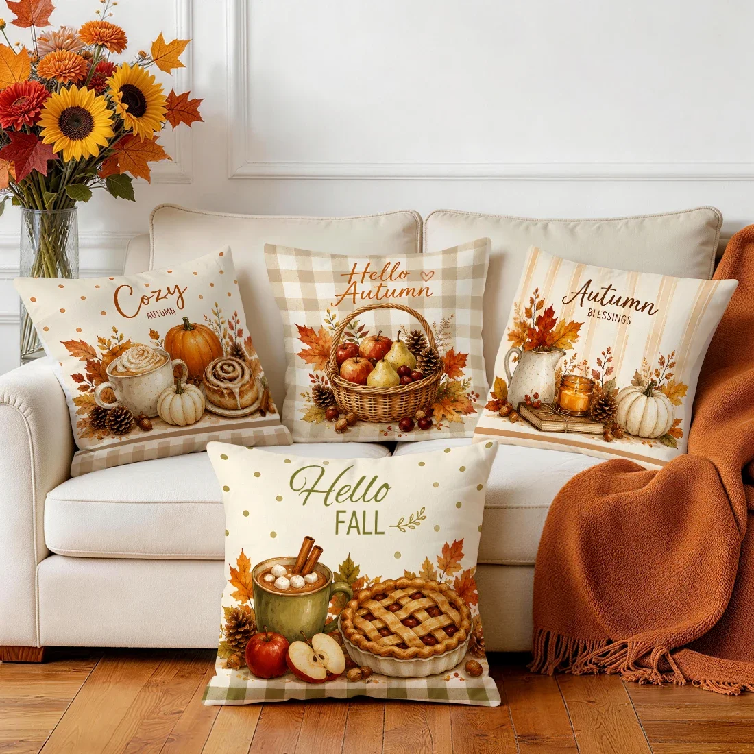 Autumn Dessert Fruit Vegetable Plaid Cushions Pillowcase Polyester Cushion Cover Throw Pillow Pillowcover Home Car Sofa Decor