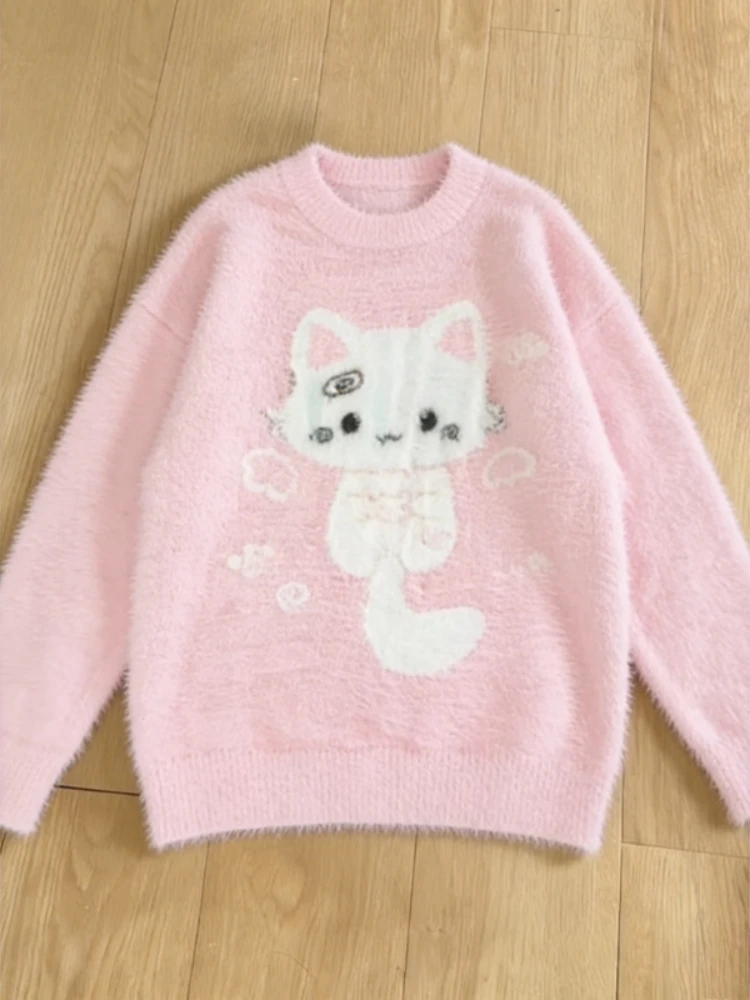 

Harajuku Kawaii свитер с длинными рукавами с мультяшной вышивкой кота, женский повседневный пуловер Y2k, милый трикотаж с косым вырезом, весна-осень