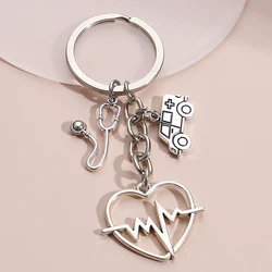 Classic Stethoscope Ambulance Alloy Keychain Heart Sliver Color Key Ring For Women Men Good Gift Nurse Day Doctor Friend Jewelry