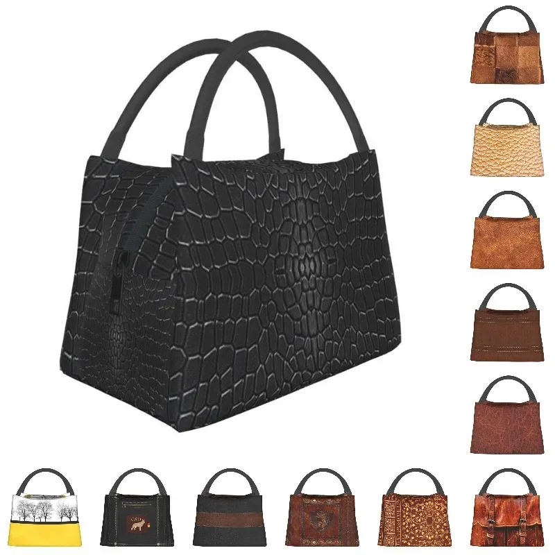 Black Crocodile Skin Leather Thermal Insulated Lunch Bag Alligator Texture Lunch Tote for Office Outdoor Storage Meal Food Box