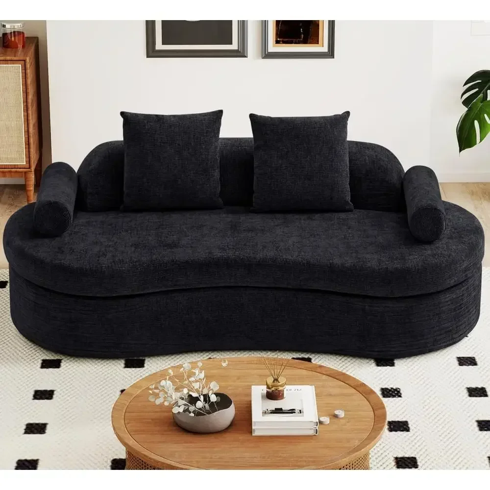 78 Curved Chenille 2-Seater Sofa, High-Density Foam, Black with 2 Bolster & 2 Square Pillows